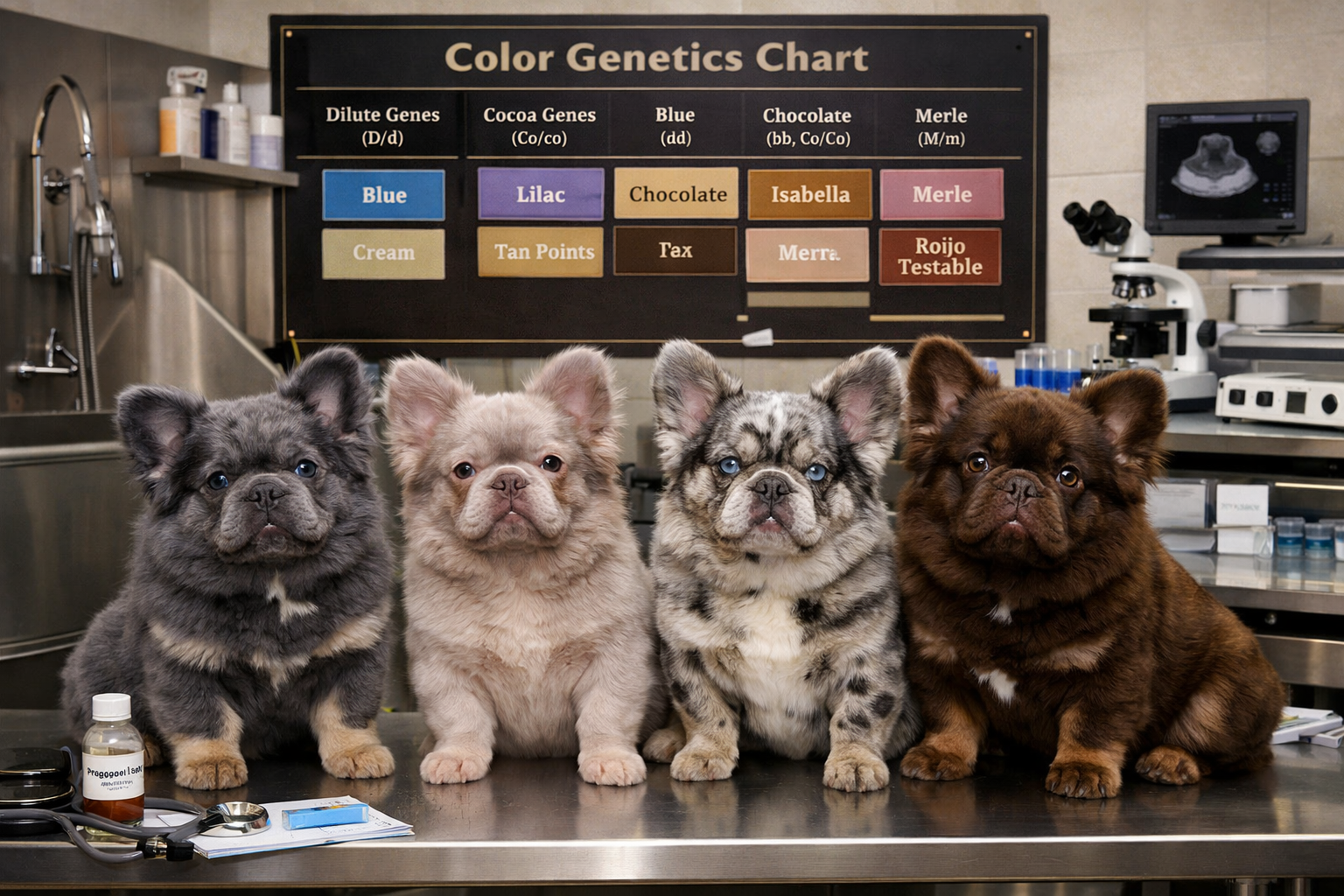Landscape format (1536x1024) image displaying multiple fluffy French bulldog studs in various exotic colors - blue fluffy, lilac fluffy, mer