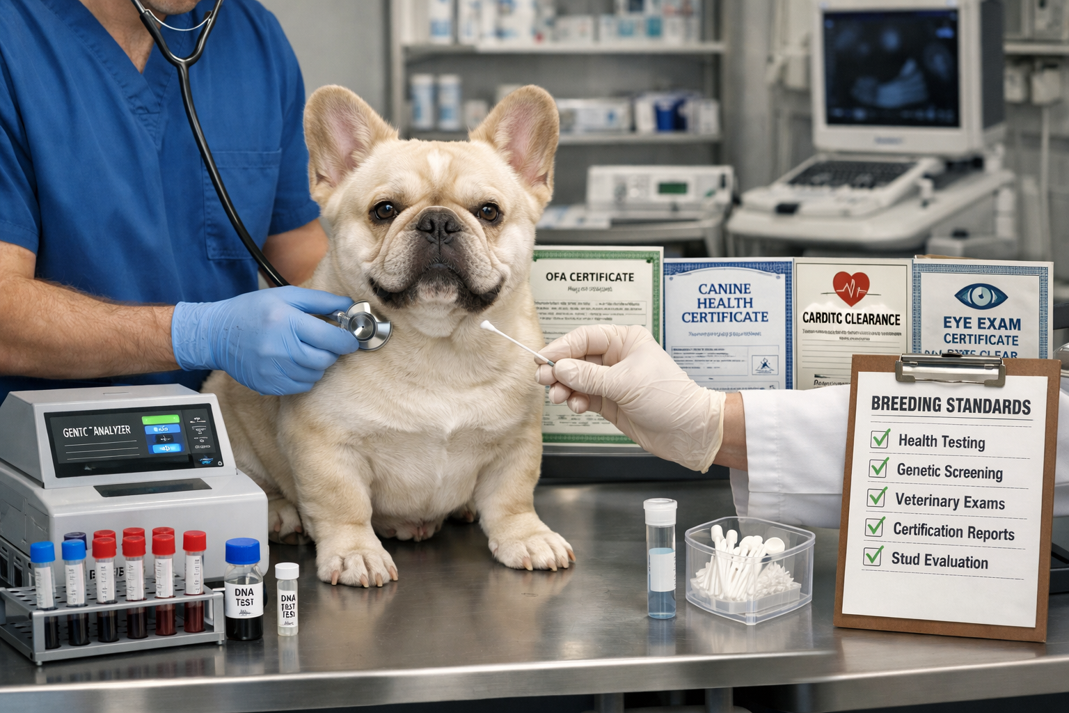 Professional landscape format (1536x1024) image showing fluffy French bulldog stud undergoing health testing procedures, veterinary examinat