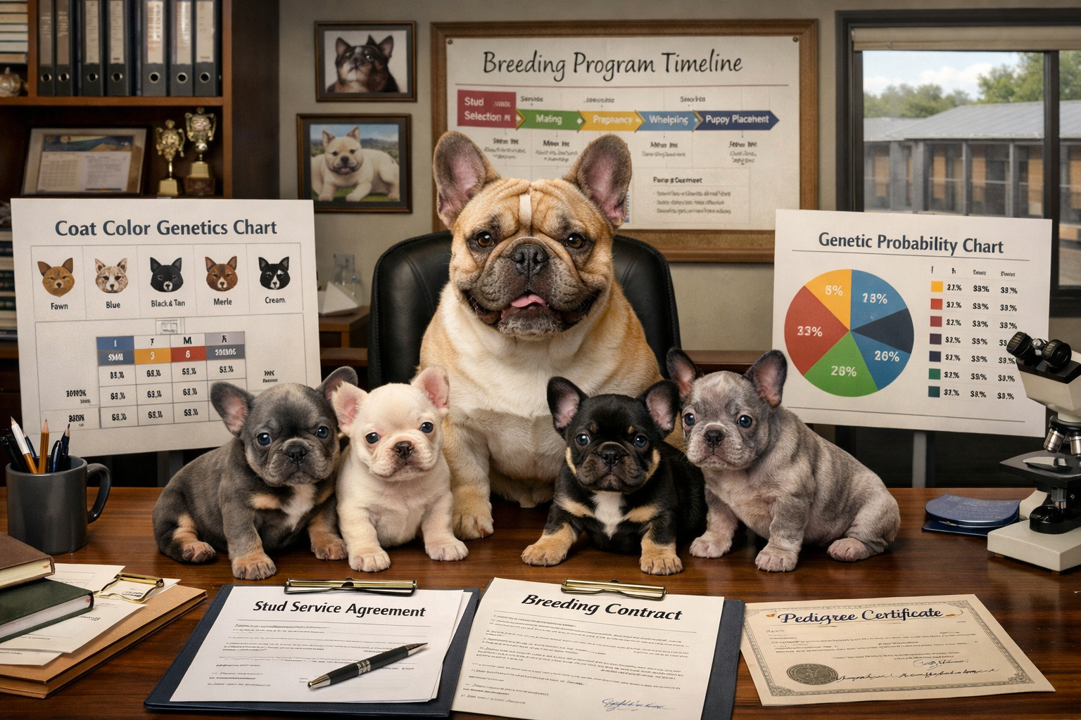 Landscape format (1536x1024) image featuring fluffy French bulldog stud with puppies showing coat inheritance, breeding contract documentati