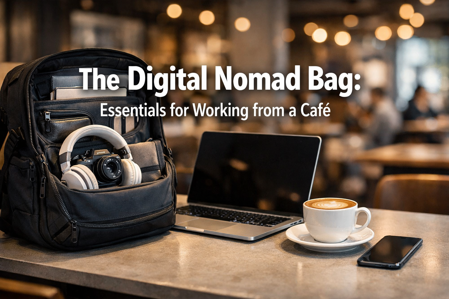 Professional landscape hero image (1536x1024) featuring a stylish, open digital nomad backpack on a minimalist café table, surrounded by a l