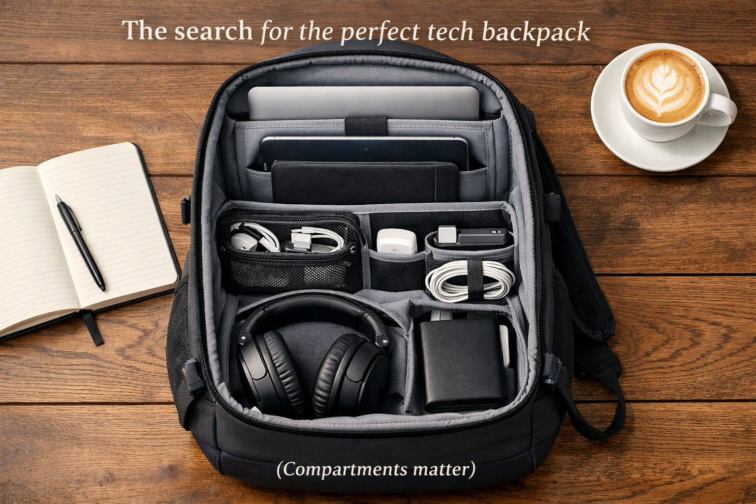 A top-down view inside a well-organized tech backpack, showcasing various compartments filled with a laptop, tablet, chargers, headphones, a