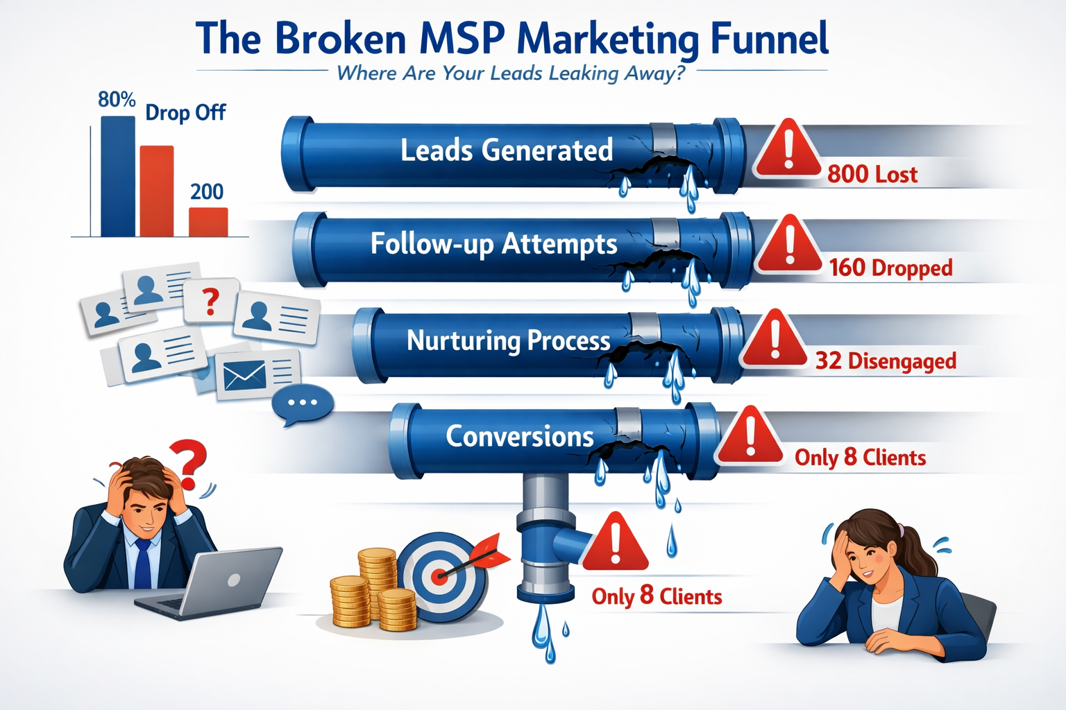 Detailed infographic showing broken MSP marketing funnel with leaking pipes metaphor, stages labeled 'Leads Generated', 'Follow-up Attempts'