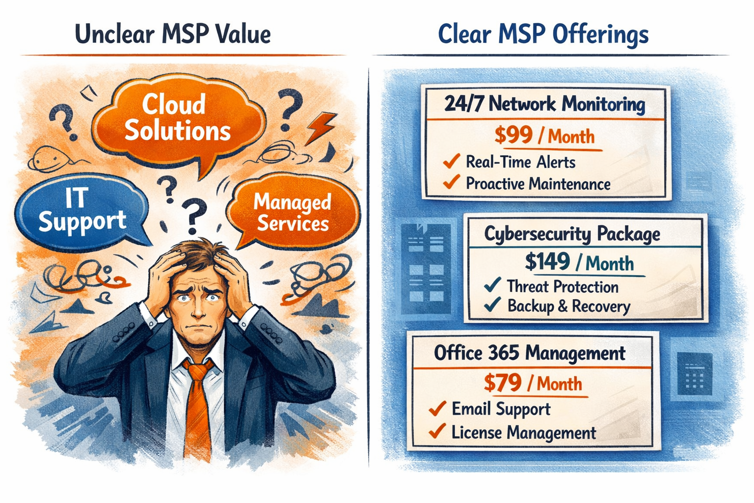 Visual representation of unclear MSP value propositions with confused business owner surrounded by generic tech buzzwords in speech bubbles 