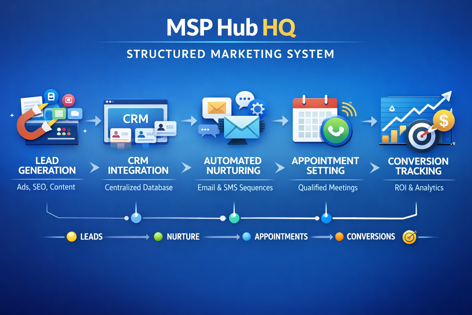 Comprehensive diagram showing MSP Hub HQ's structured marketing system with interconnected elements: lead generation, CRM integration, autom