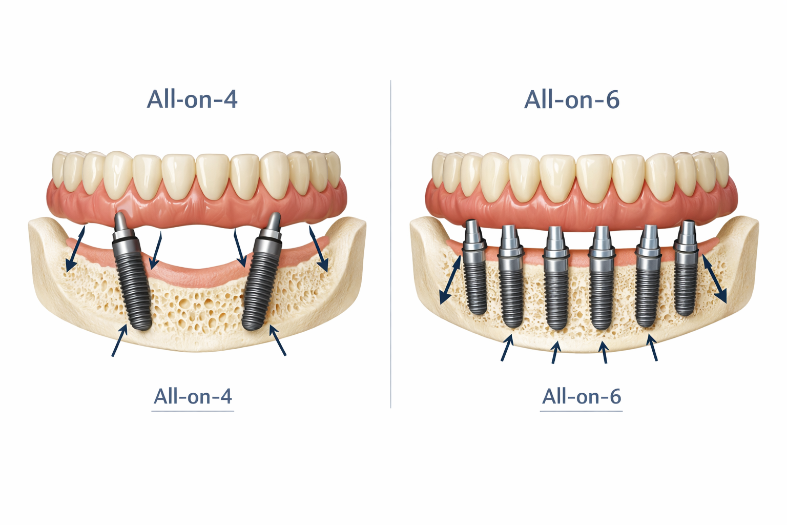 Landscape format (1536x1024) image illustrating the structural difference between All-on-4 and All-on-6 dental implant systems. On one side,
