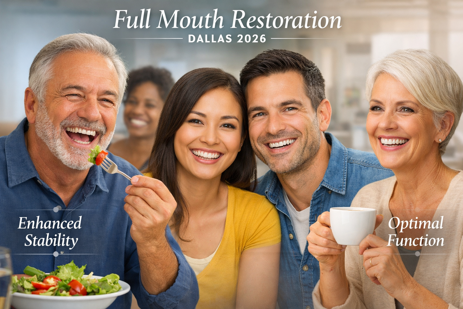 Landscape format (1536x1024) image depicting a diverse group of smiling patients, representing successful full mouth restorations. One side 