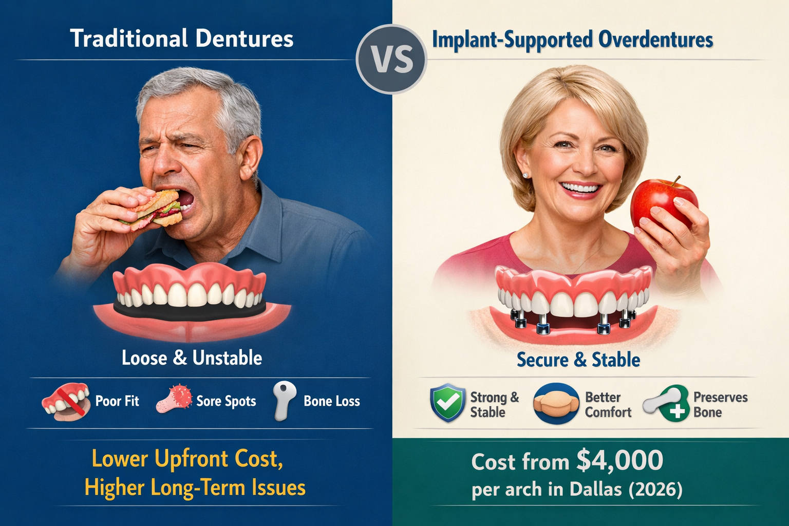 () image illustrating a comparison chart between traditional dentures and implant-supported overdentures. One side shows a