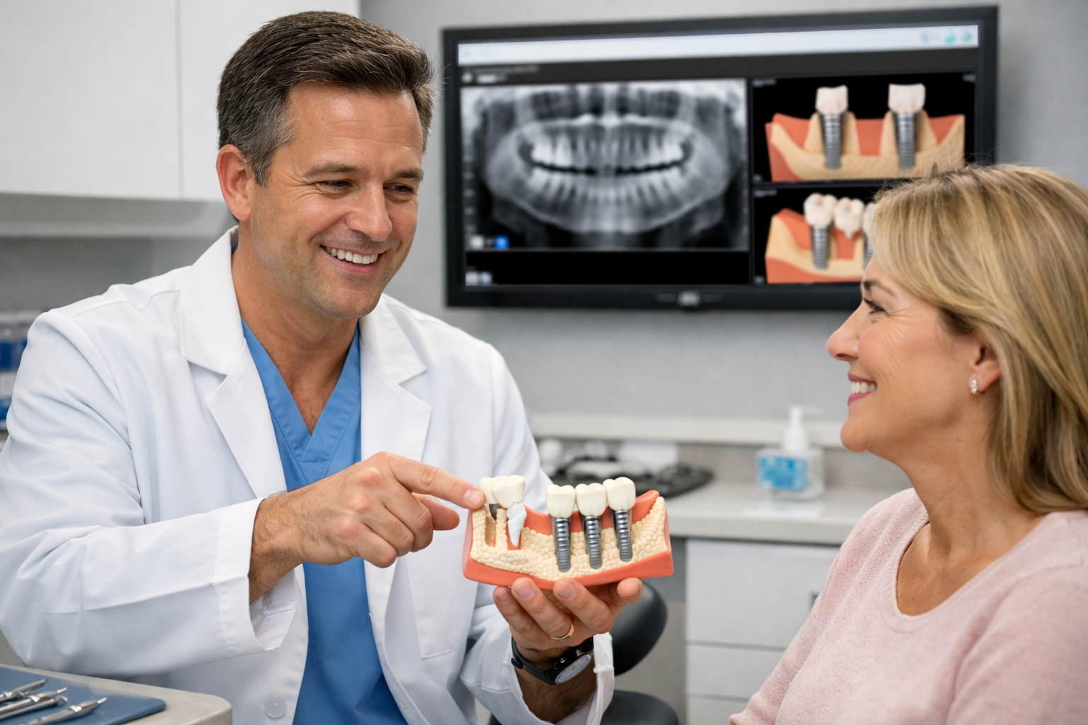 () image showing a dentist in a modern, explaining the benefits and procedure. A screen in the background displays X-rays or