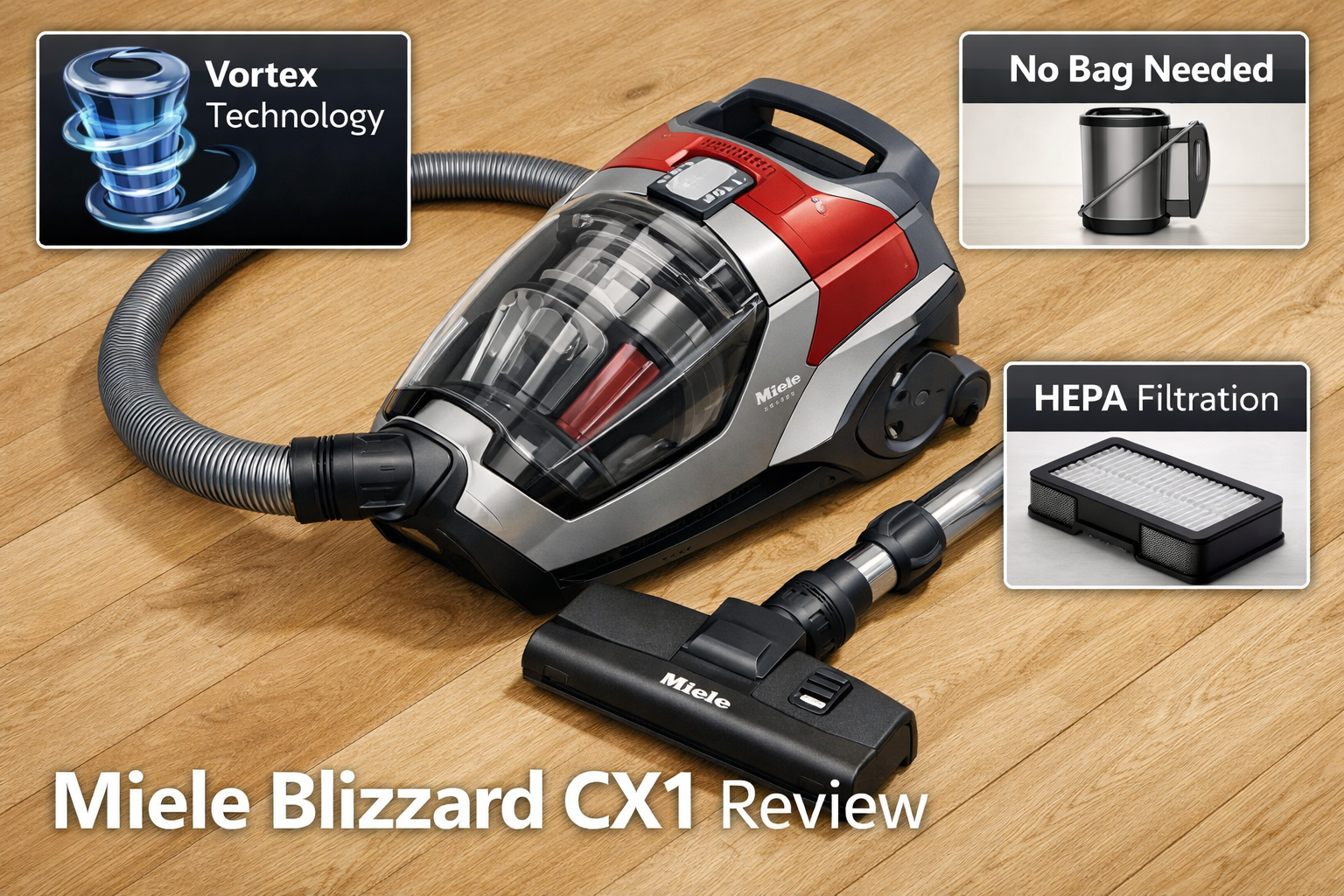 Miele Blizzard CX1 Review Detailed landscape format (1536x1024) editorial product photography showing the Miele Blizzard CX1 bagless canister vacuum in silver-red colorway from a 45-degree overhead angle on a light oak hardwood floor. Visible components include the Vortex Technology dust separator, transparent dustbin showing cyclone chamber, flexible hose, and electrobrush floor tool. Clean white studio-style lighting with soft shadows. Inset callout boxes highlighting 'Vortex Technology', 'No Bag Needed', and 'HEPA Filtration' in modern sans-serif typography. Miele Blizzard CX1 Review focus, editorial product review aesthetic.