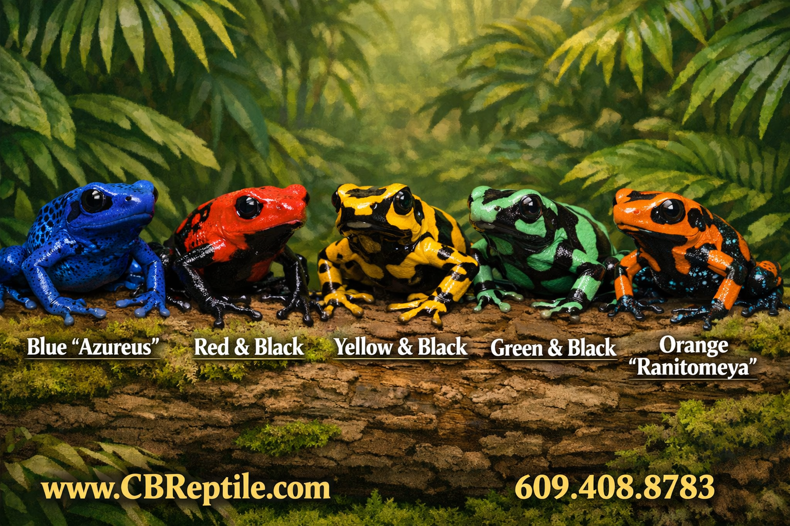 () detailed illustration showing five different poison dart frog color morphs side by side on a mossy log: electric blue
