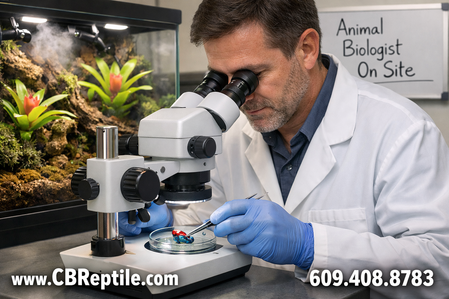 () showing a professional reptile breeder in a clean lab coat examining a small vivid poison dart frog under magnification,