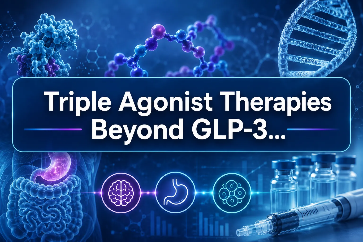 Professional landscape hero image () with a reading "Triple Agonist Therapies Beyond GLP-3…". CRITICAL TYPOGRAPHY RULES: