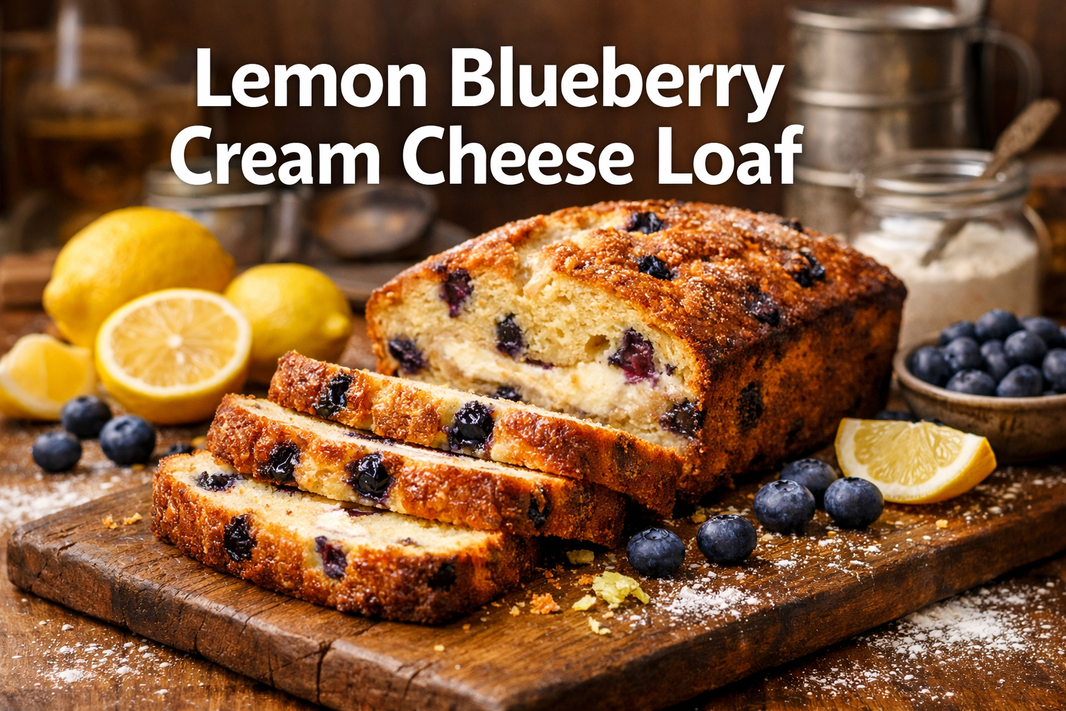 Professional landscape hero image (1536x1024) featuring bold text overlay 'Lemon Blueberry Cream Cheese Loaf' in extra large 72pt white sans