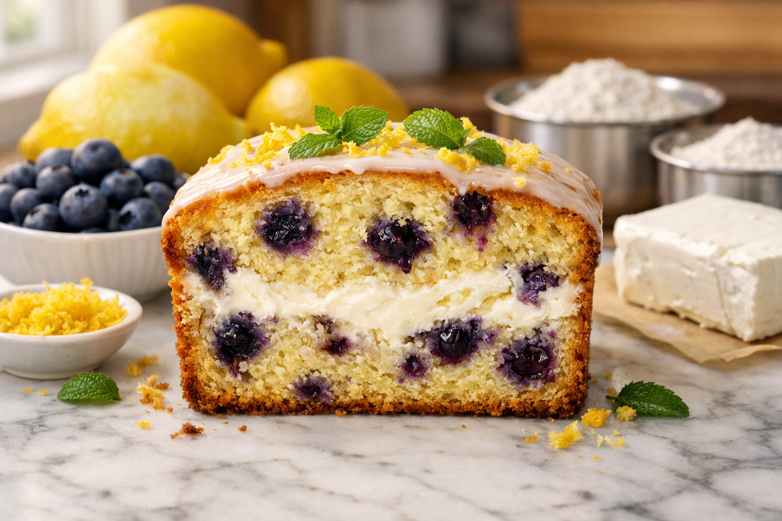 Detailed cross-section view of a perfectly baked lemon blueberry cream cheese loaf showing distinct layers - moist yellow cake studded with 