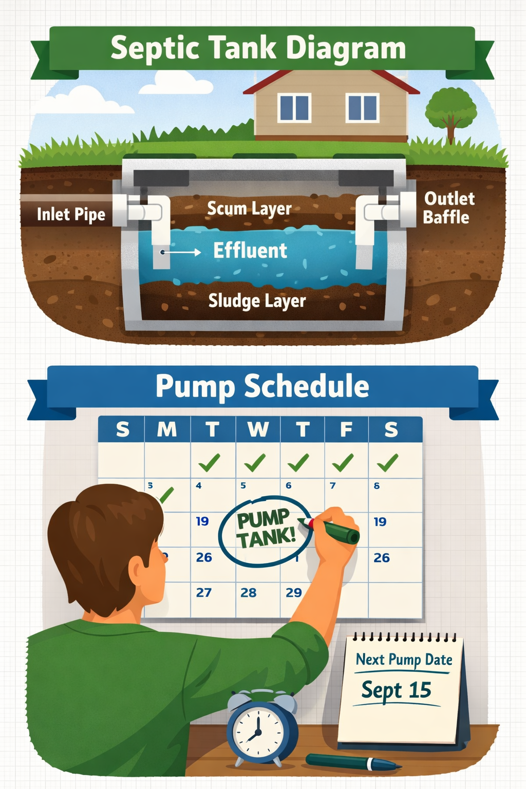 Portrait/Pinterest format () showing a split-scene infographic illustration: top half depicts a cross-section diagram of a