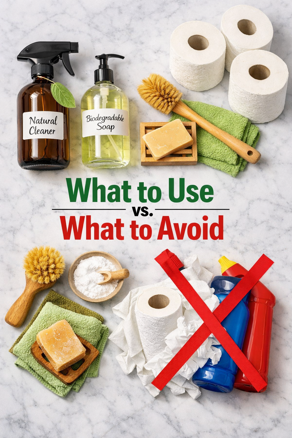 Portrait/Pinterest format () showing an overhead flat-lay photograph of a bathroom countertop with eco-friendly cleaning