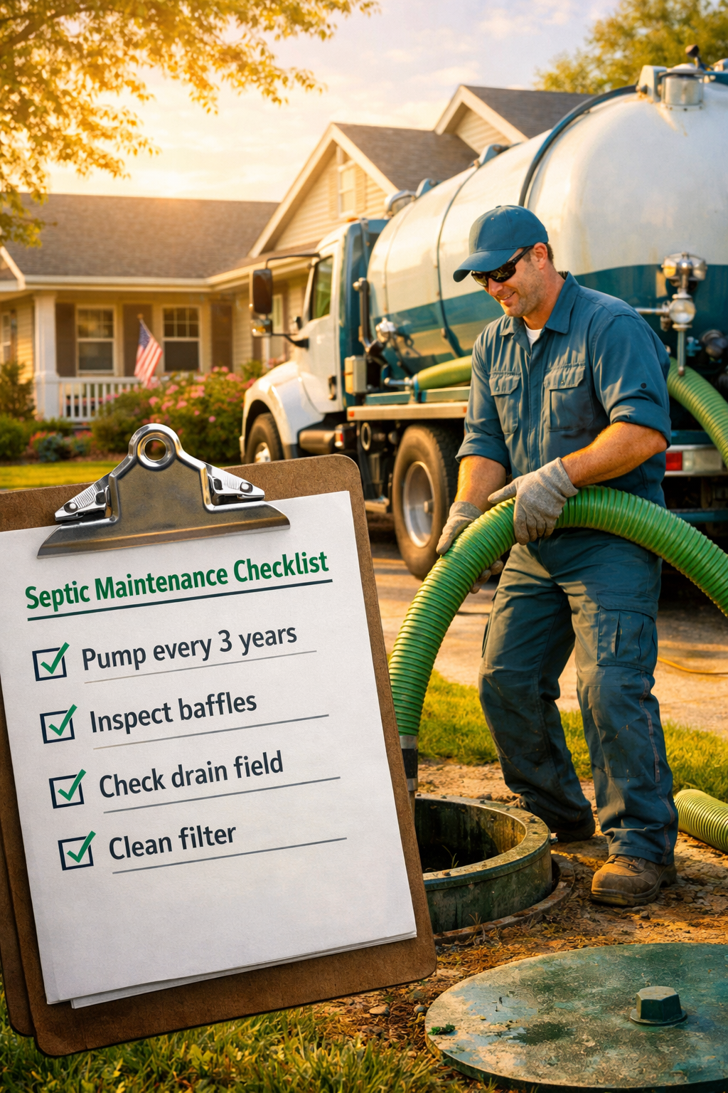 Portrait/Pinterest format () depicting a professional septic service technician using a vacuum pump truck in a residential