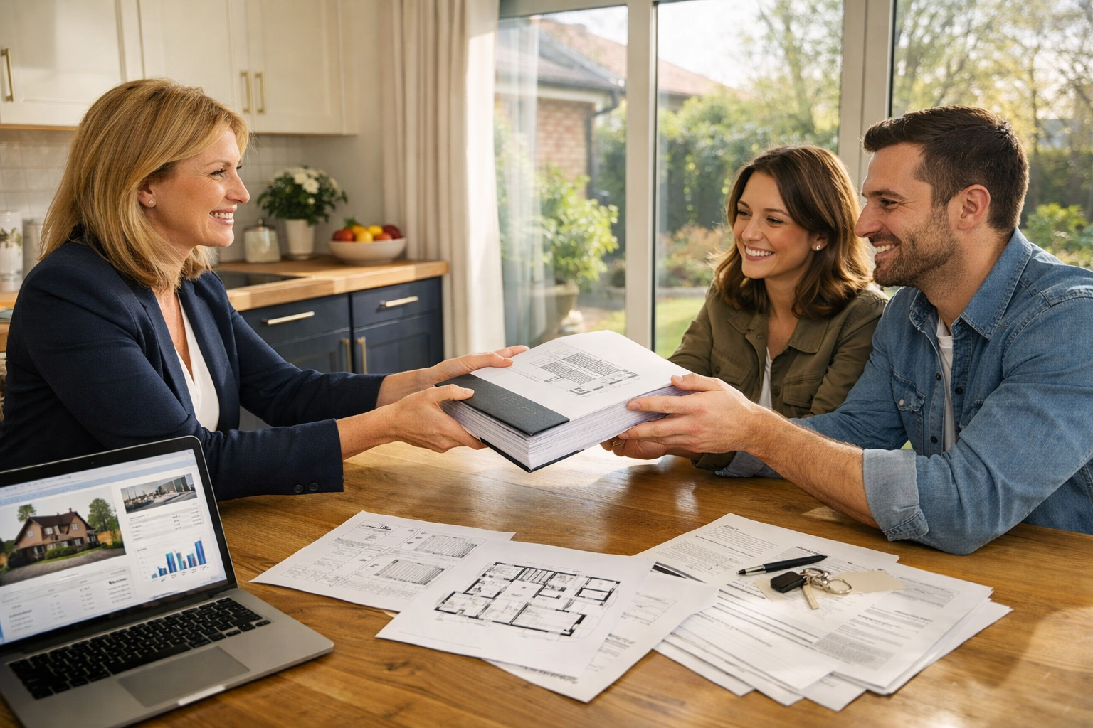 Wide-angle editorial photograph of a modern British property transaction scene: a confident female homeowner handing a thick