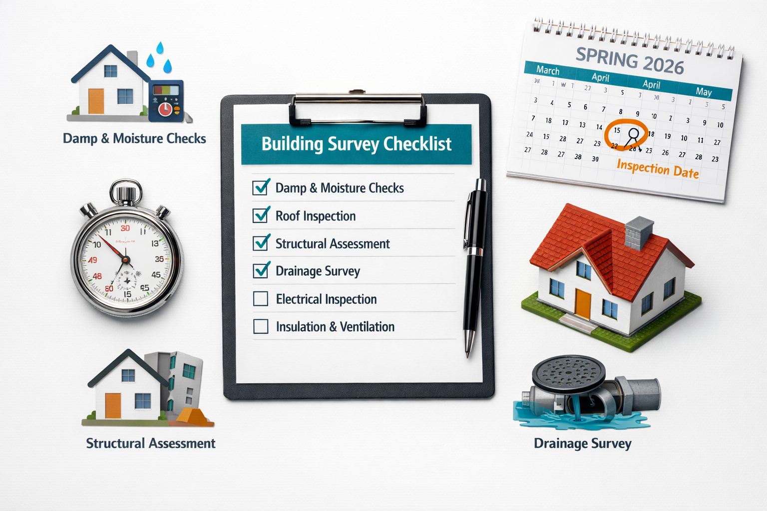 Flat-lay infographic style image showing a building survey checklist document beside a stopwatch, a calendar marked with