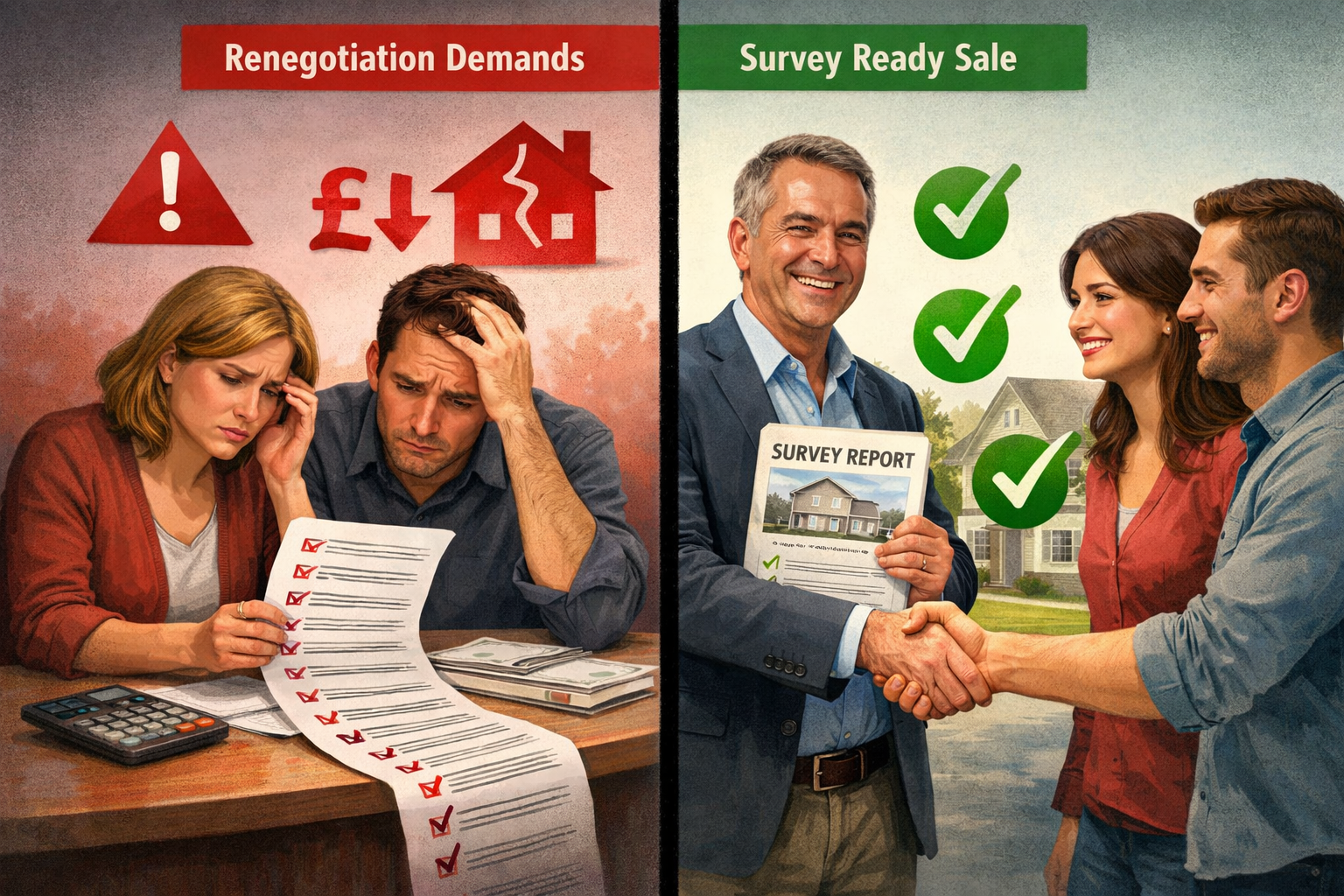 Split-composition editorial image: left half shows a stressed couple reviewing a long list of post-survey renegotiation