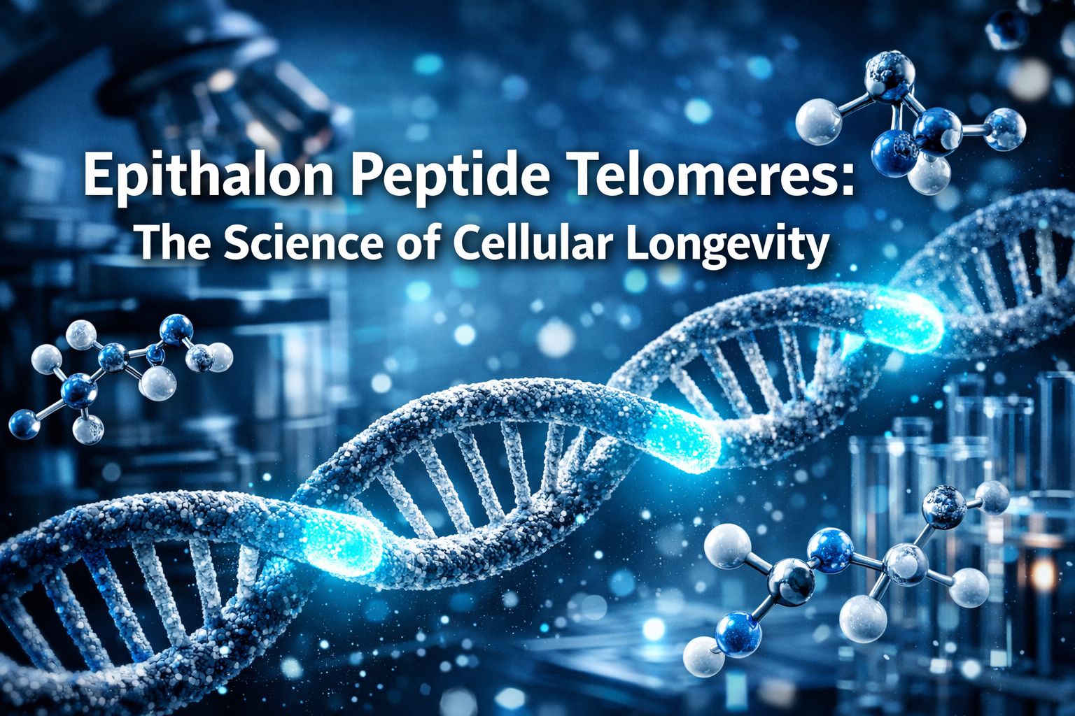 Professional landscape format (1536x1024) hero image with bold text overlay 'Epithalon Peptide Telomeres: The Science of Cellular Longevity'