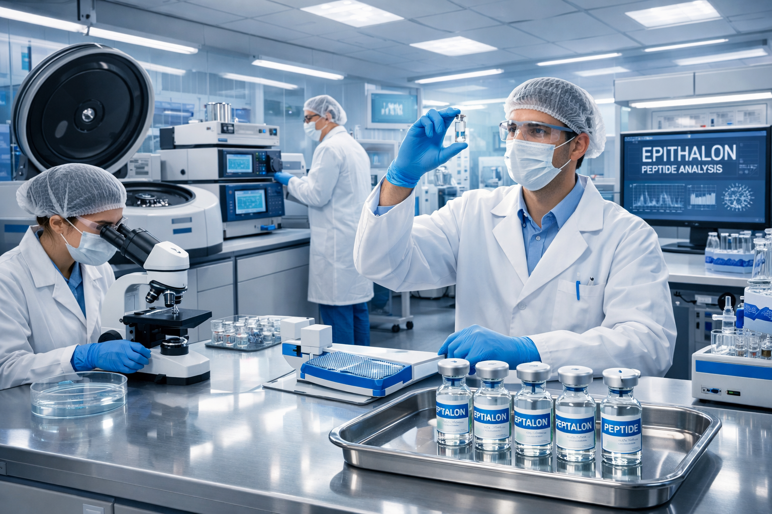 Landscape format (1536x1024) image of high-tech peptide research laboratory with scientists analyzing epithalon samples, advanced equipment 