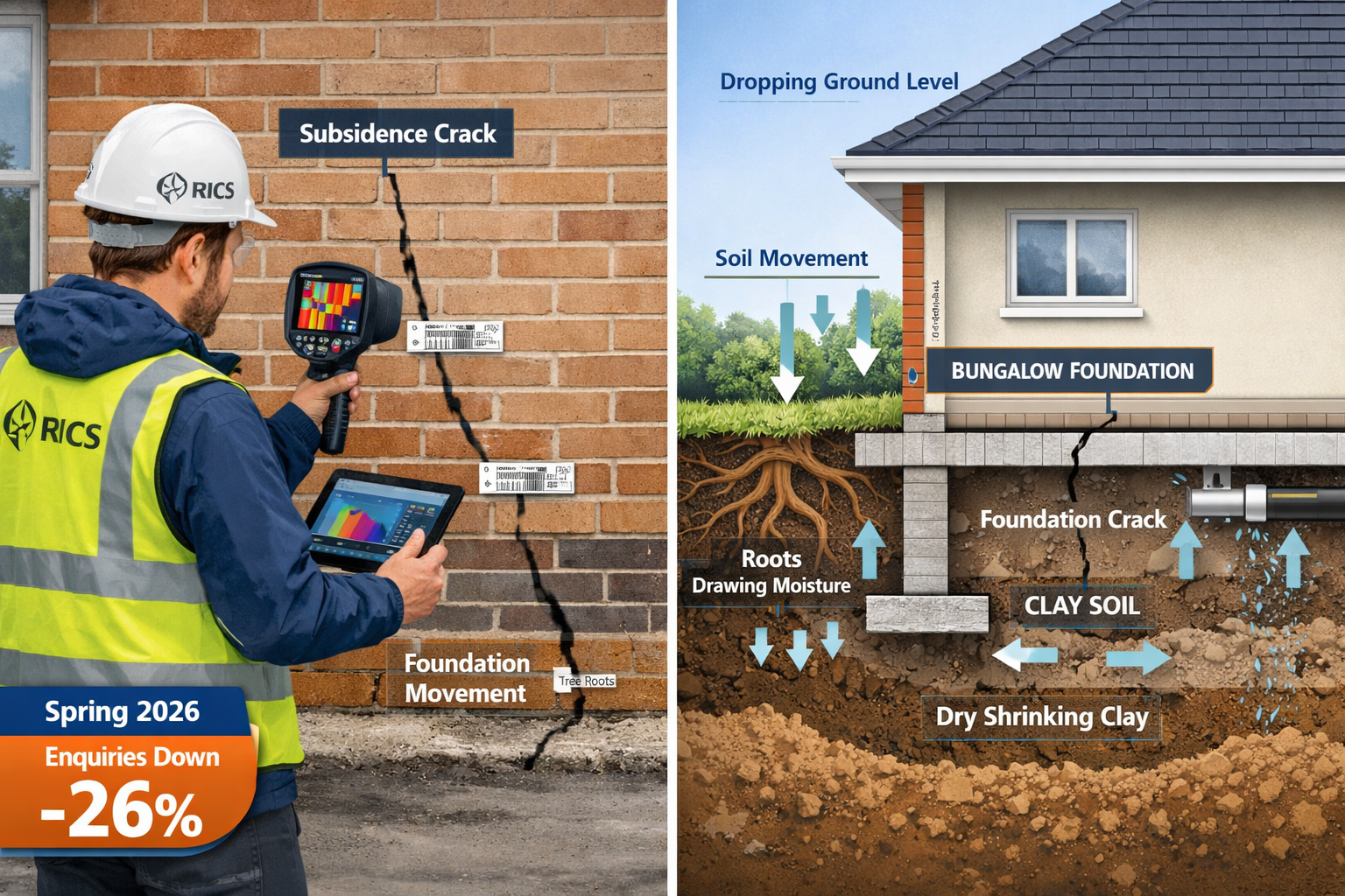 () editorial image showing split-screen comparison: left side displays modern RICS surveyor in safety vest using thermal