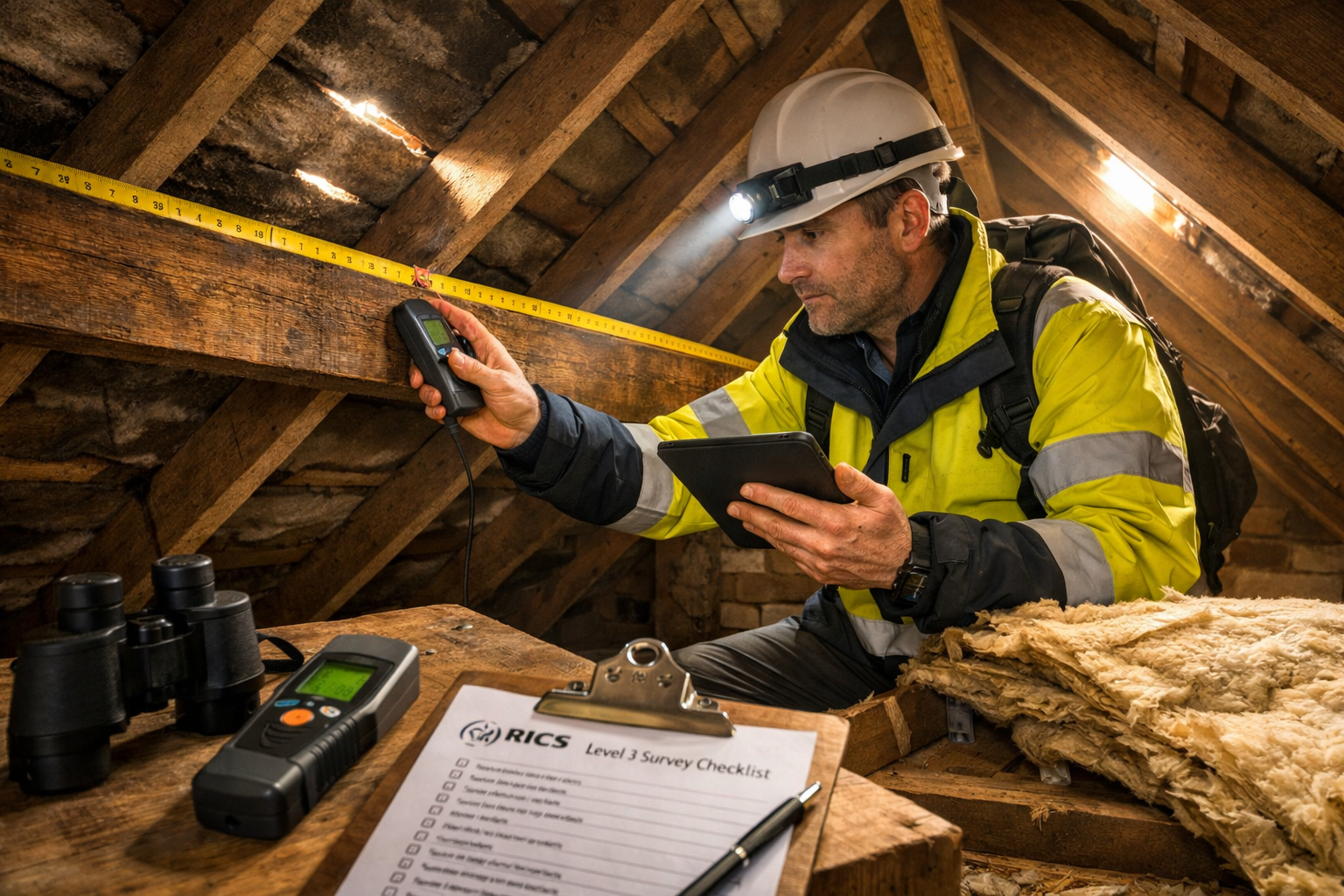 () detailed documentary photograph of Level 3 survey in progress inside bungalow roof space, showing chartered surveyor with