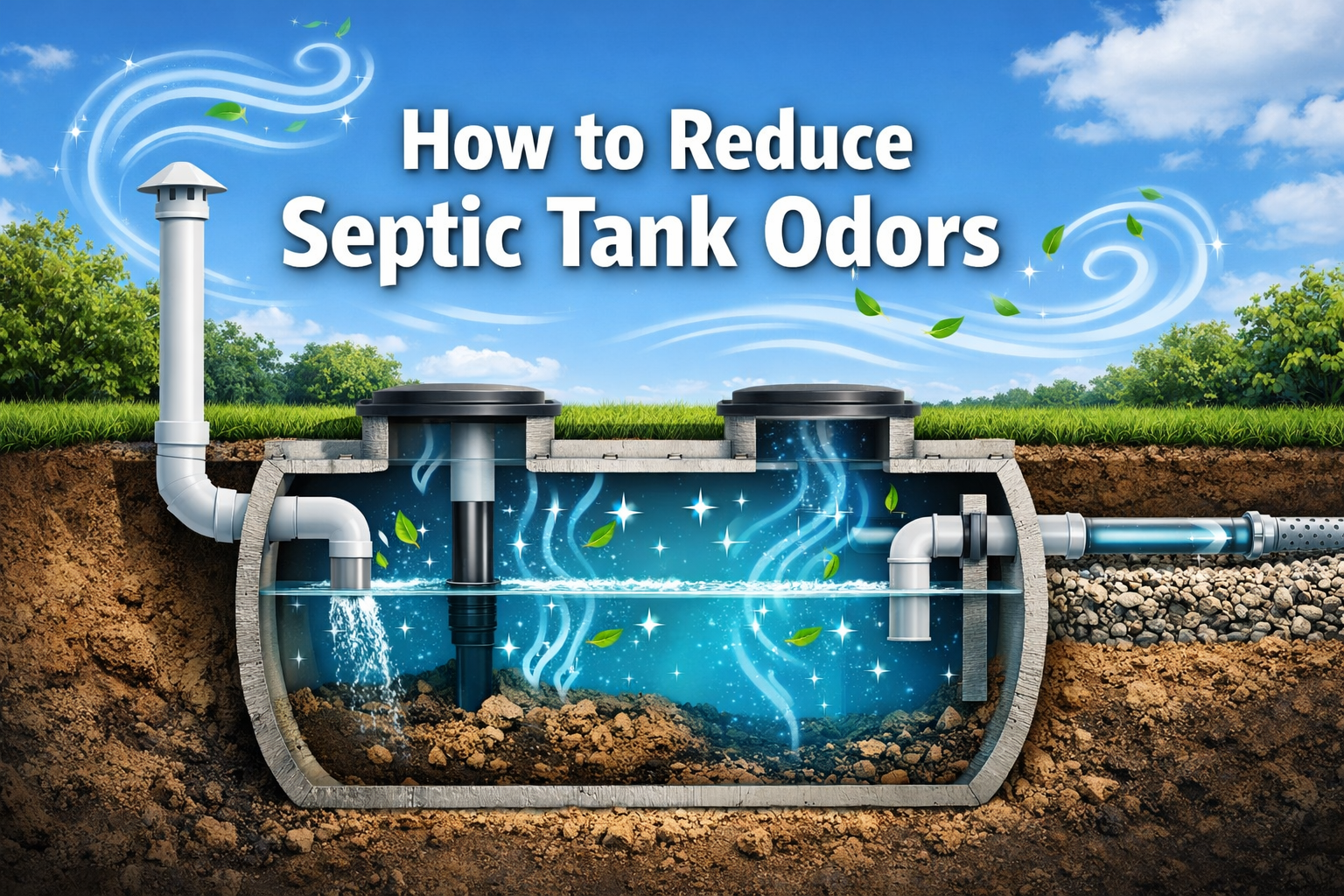 Professional () hero image with 'How to Reduce Septic Tank Odors' in extra large white with dark , centered in upper third.