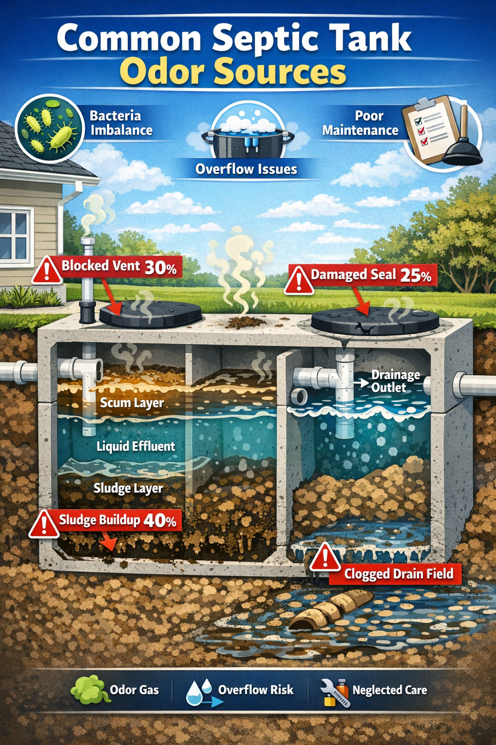 () infographic showing common septic tank odor sources with cutaway view of septic system components. Visual elements