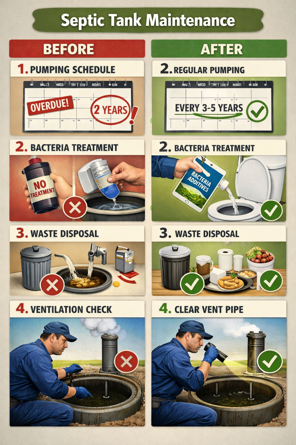 () step-by-step visual guide showing septic tank maintenance actions. Split-screen layout featuring before/after scenarios: