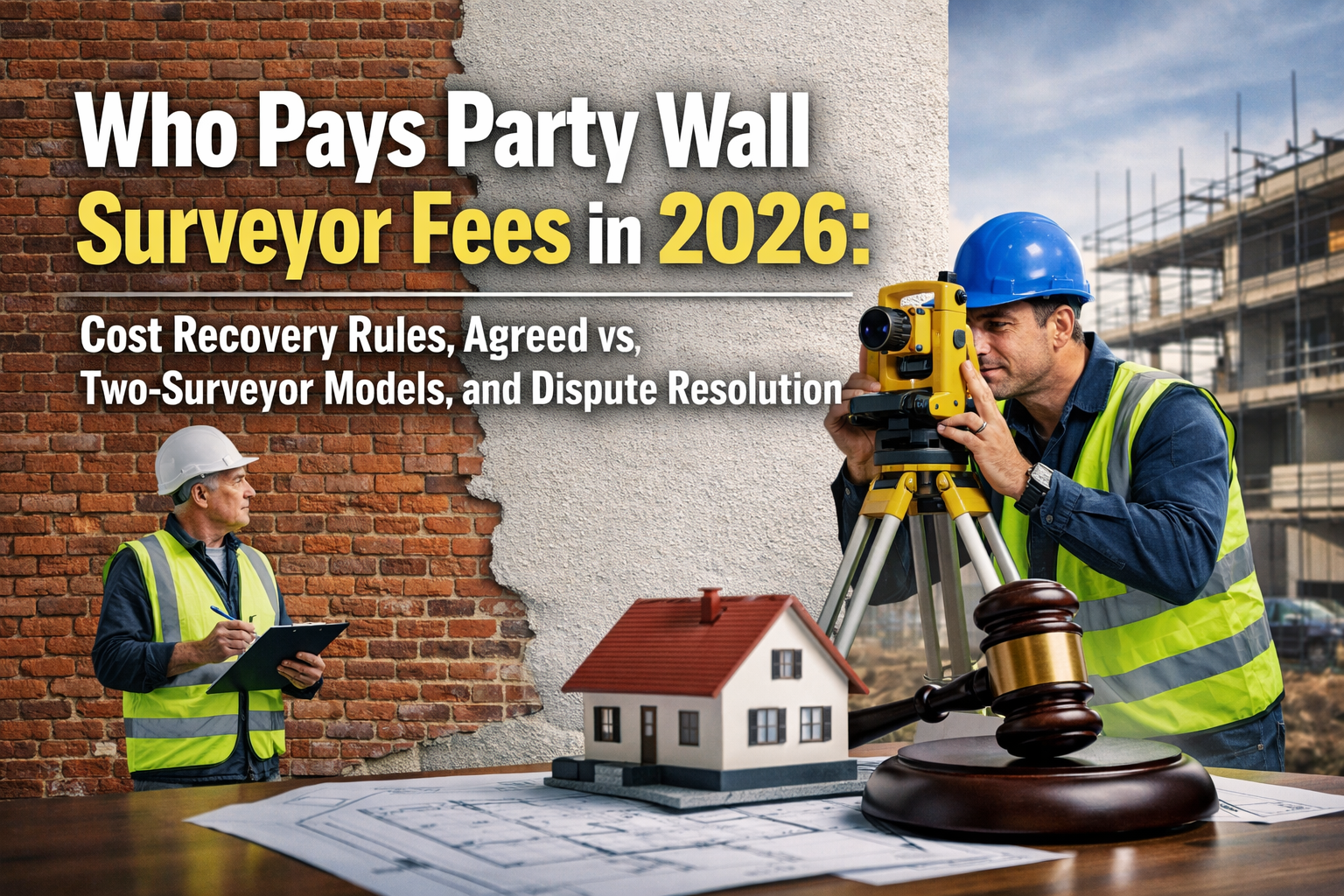 Professional landscape hero image () with : "Who Pays Party Wall Surveyor Fees in 2026: Cost Recovery Rules, Agreed vs