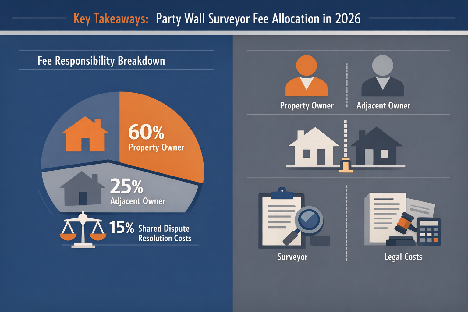 Key Takeaways infographic visualizing party wall surveyor fee allocation in 2026, featuring split-screen design with left