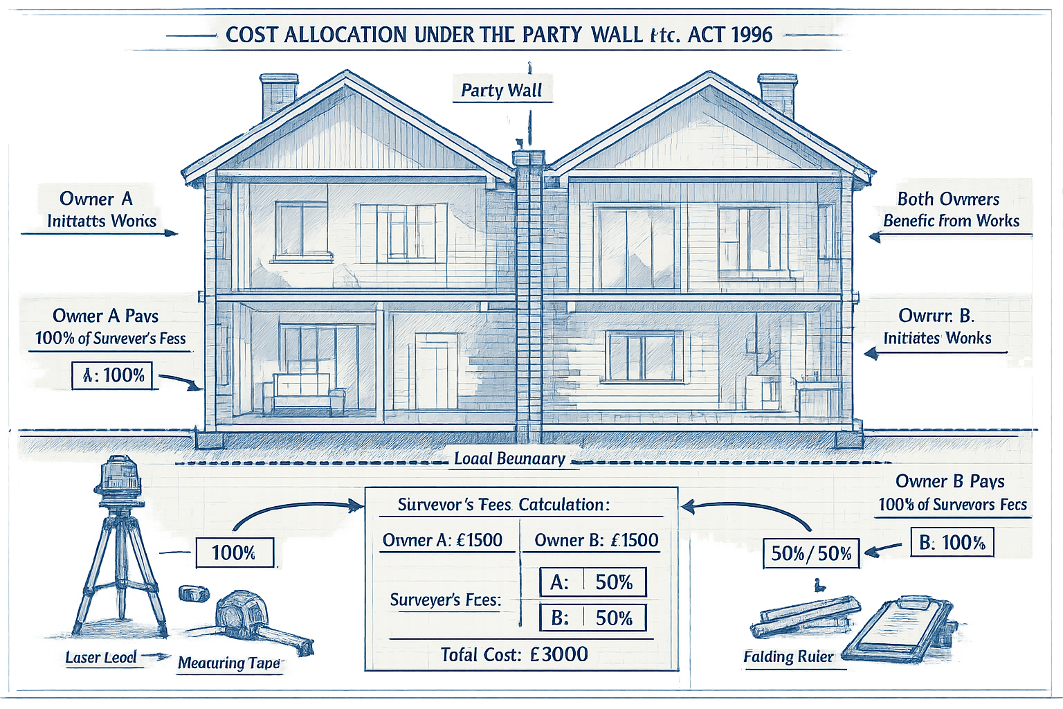 Detailed architectural illustration demonstrating the fundamental cost allocation principle under the Party Wall etc. Act