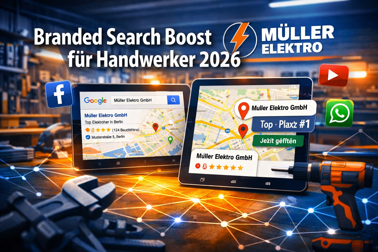 Professionelles Querformat () Hero-Bild mit fettgedrucktem Text-: 'Branded Search Boost für Handwerker 2026' in extra großer