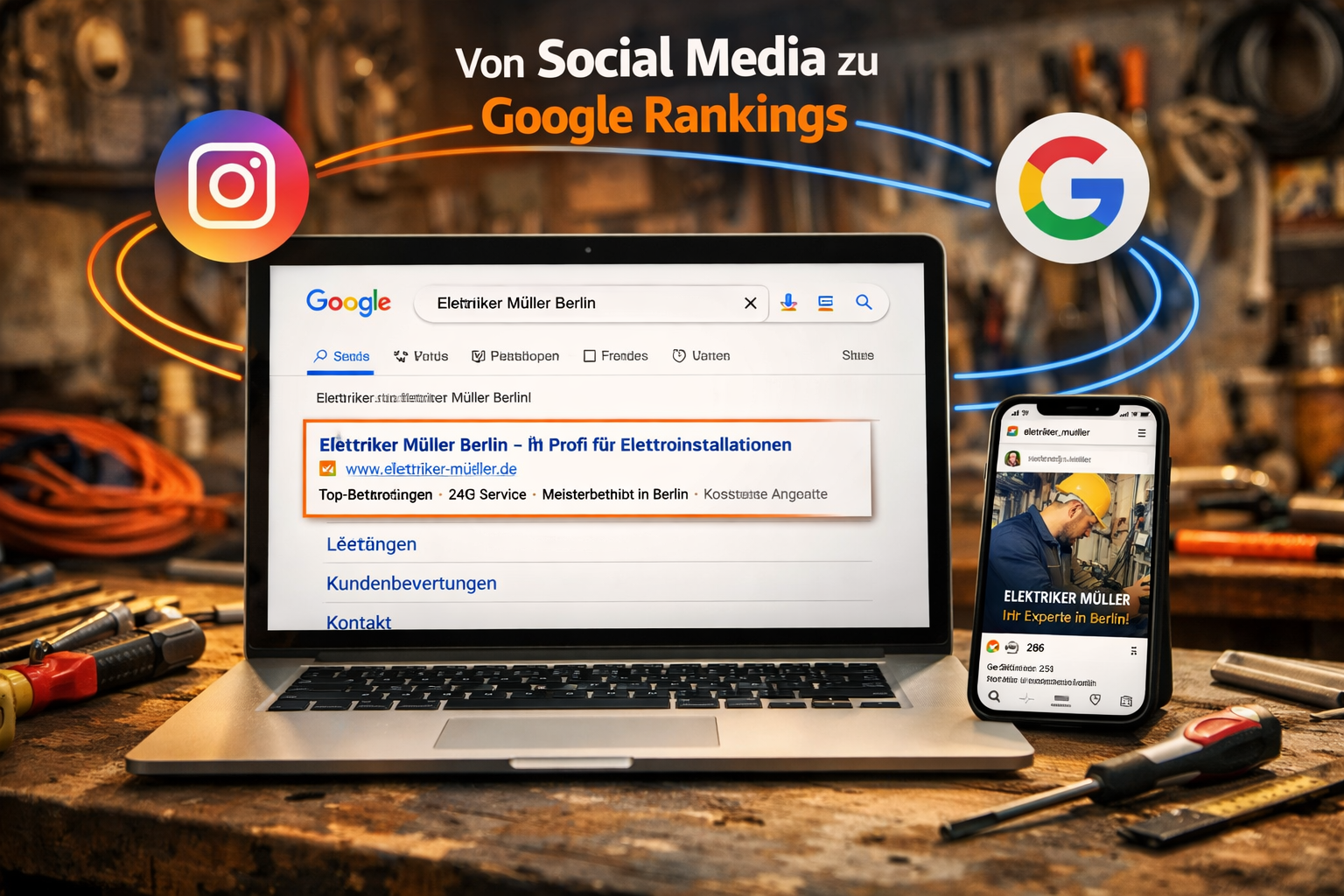 Detailliertes Querformat () Bild eines aufgeklappten Laptops auf Werkbank in Handwerksbetrieb, Bildschirm zeigt