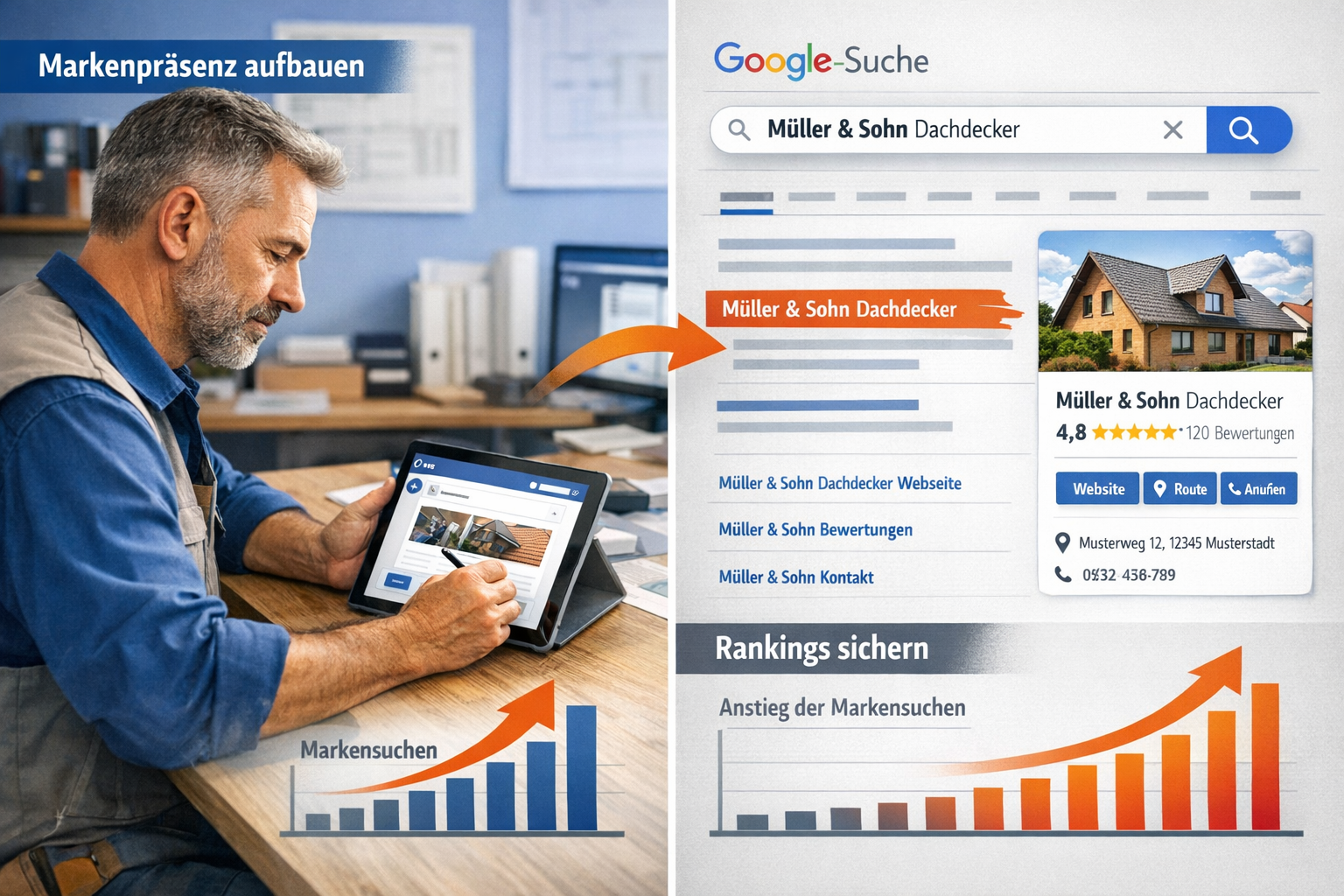 Querformat () Split-Screen-Komposition: Linke Hälfte zeigt Handwerker-Meister beim Erstellen eines Facebook-Posts auf Tablet