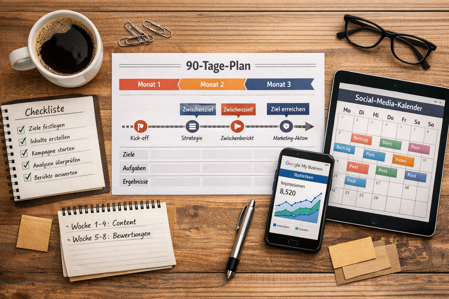 Querformat () Overhead-Aufnahme eines strukturierten Arbeitsplatzes: Schreibtisch mit ausgedrucktem 90-Tage-Plan, Checkliste