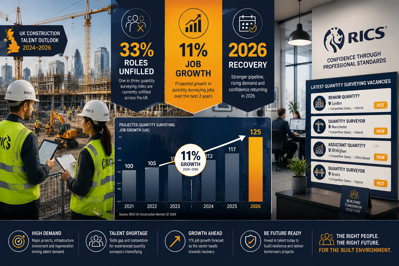 Detailed () infographic-style illustration showing a rising bar chart with 11% growth annotation overlaid on a split-scene