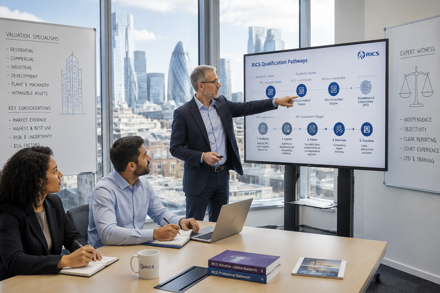 () showing a diverse group of three building surveying professionals in a modern training classroom setting, one instructor