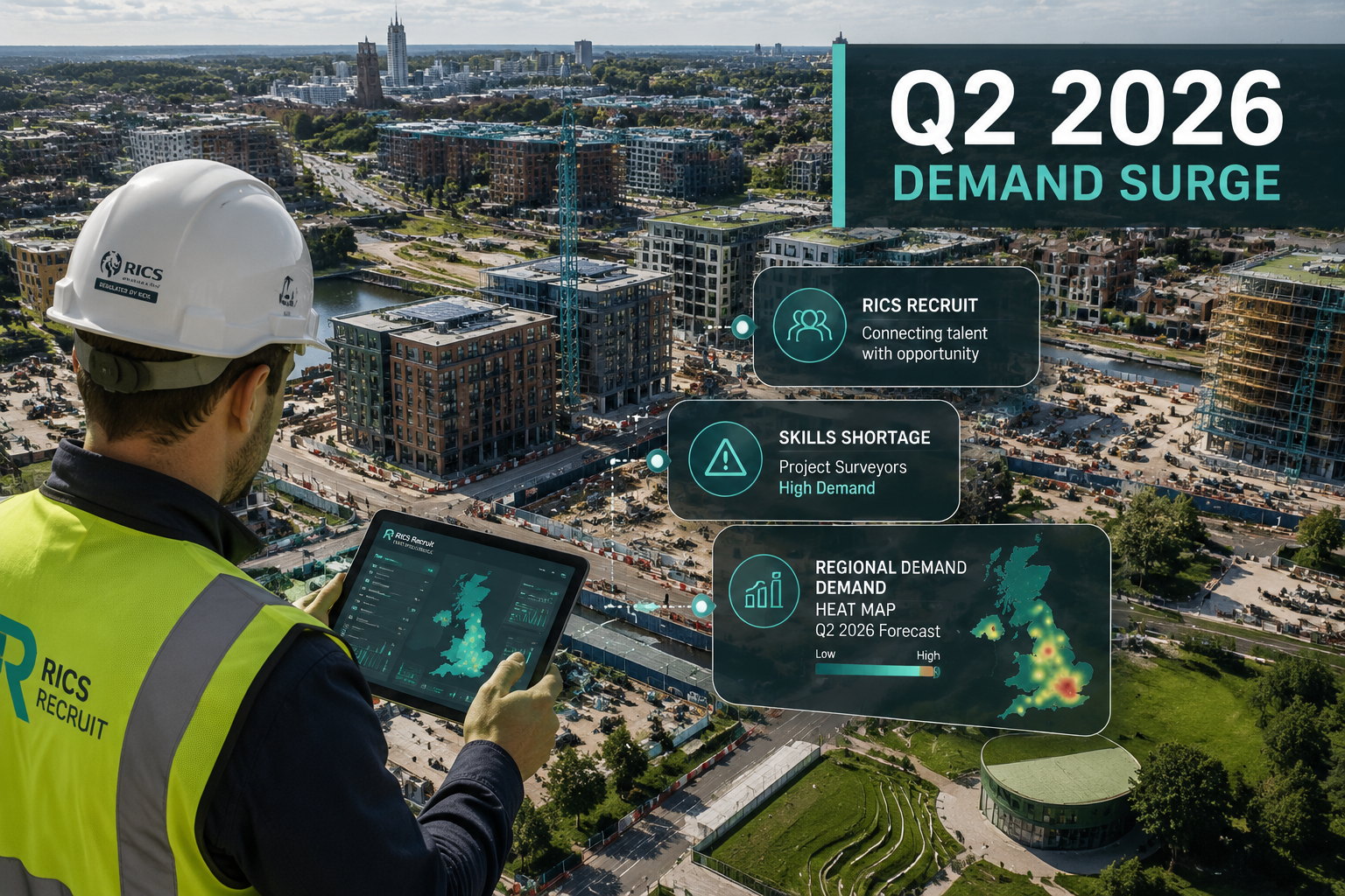 () aerial drone-perspective view of a mixed-use urban regeneration development in a UK city, showing residential blocks,