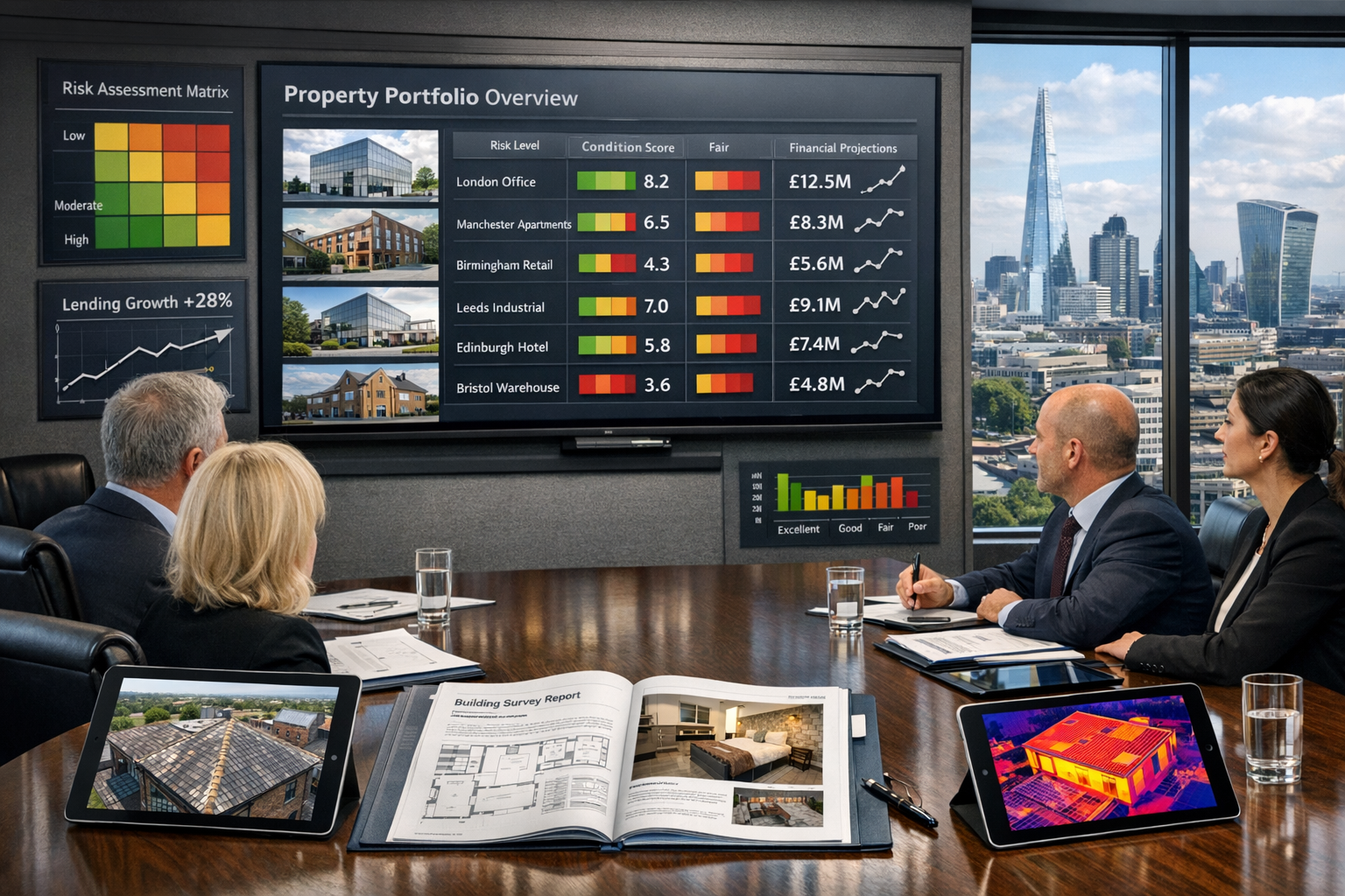 Detailed () image showing professional boardroom scene with institutional investors reviewing comprehensive building survey