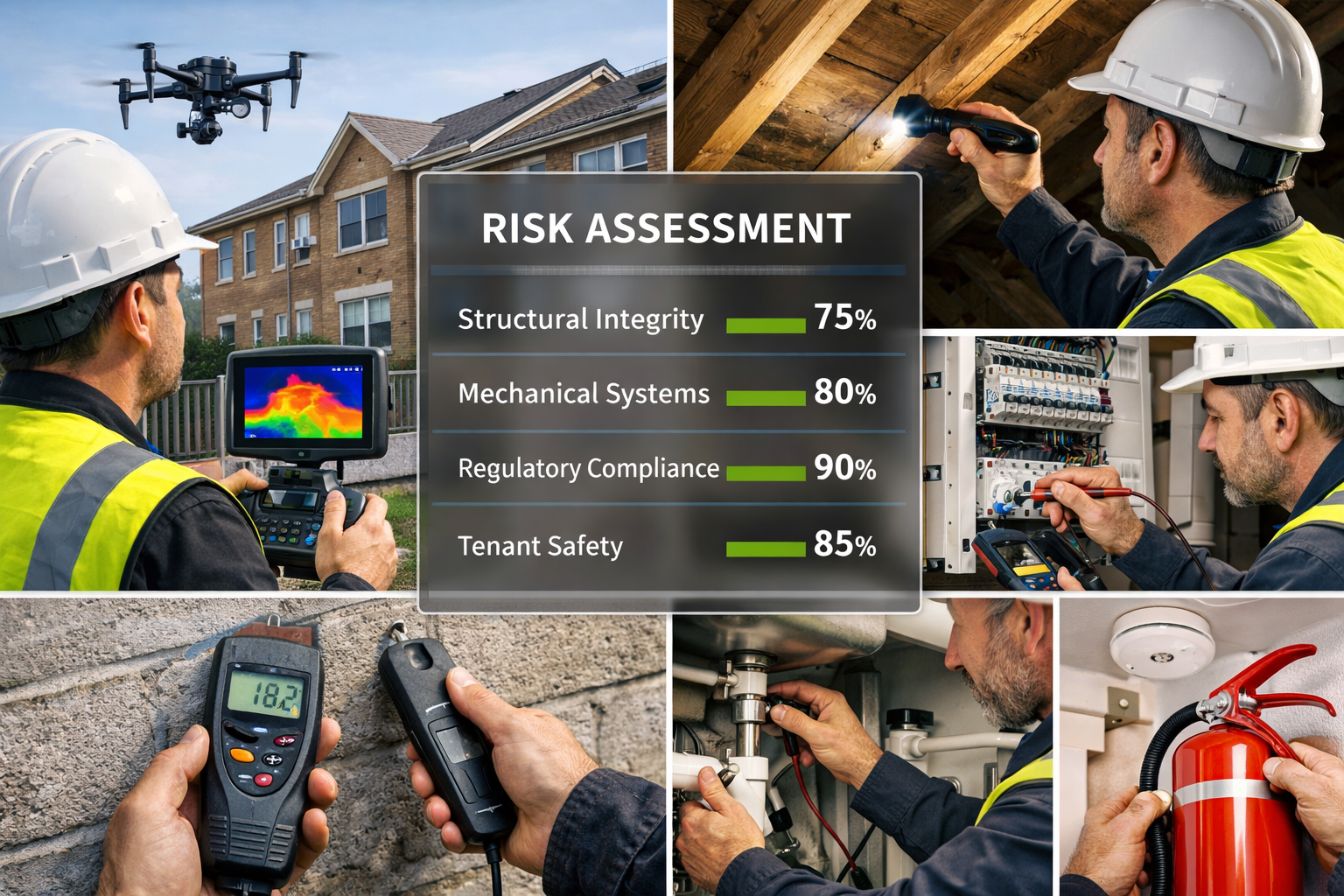 Detailed () image depicting building surveyor conducting on-site inspection of multi-unit residential property, shown in