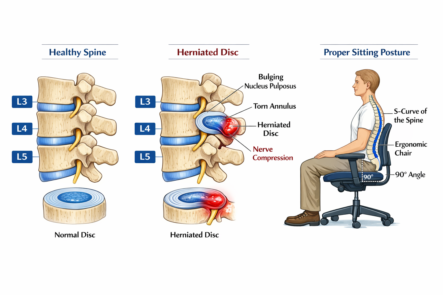 Landscape format (1536x1024) detailed anatomical illustration showing side-by-side comparison of healthy spine versus herniated disc conditi