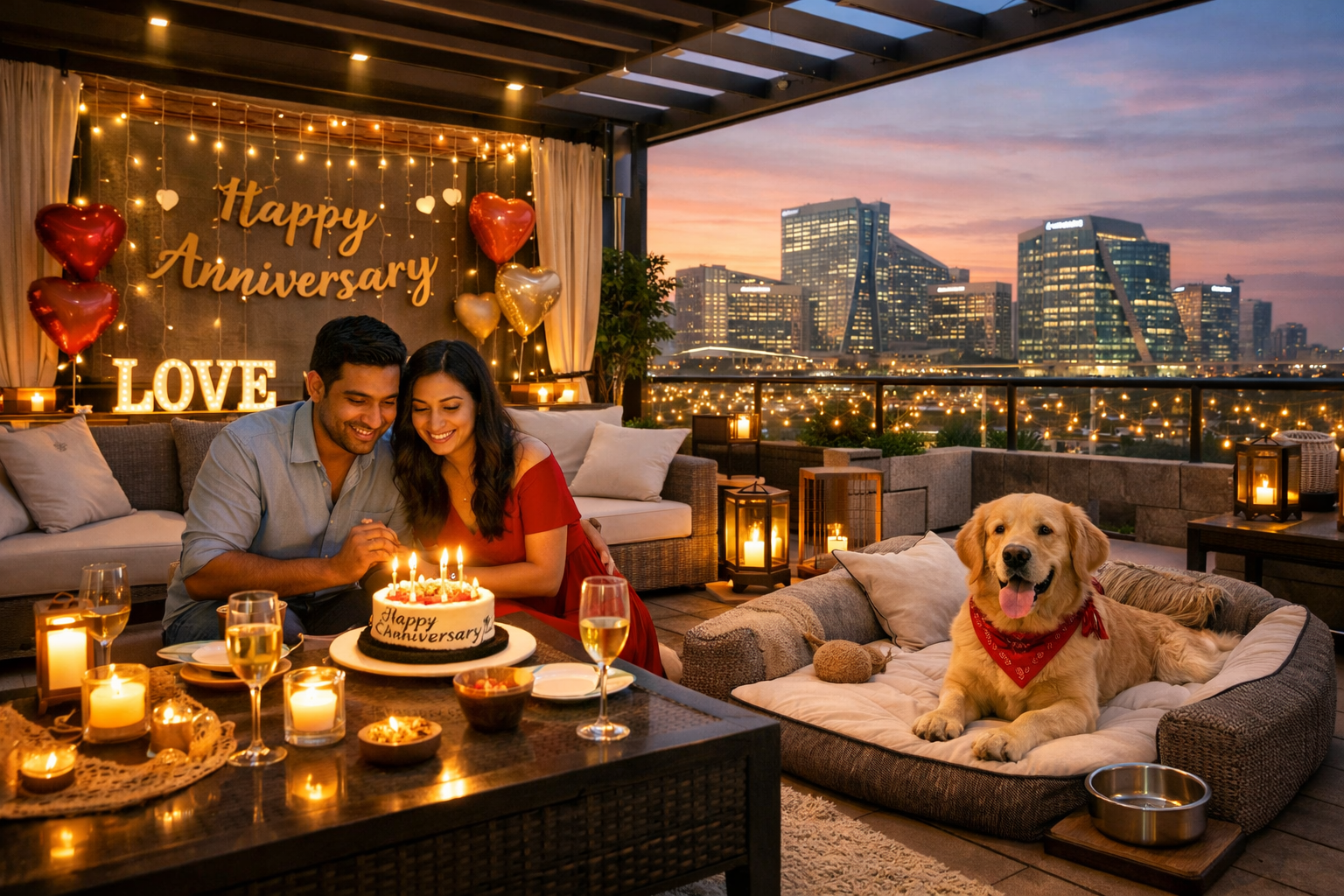 () image showing a couple and their pet (a golden retriever) enjoying a celebratory meal or cake on a private terrace of an