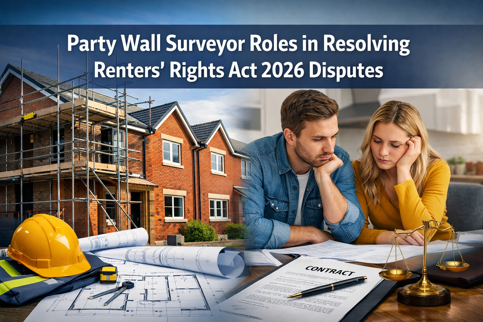 Professional () hero image with : 'Party Wall Surveyor Roles in Resolving Renters' Rights Act 2026 Disputes' in extra large