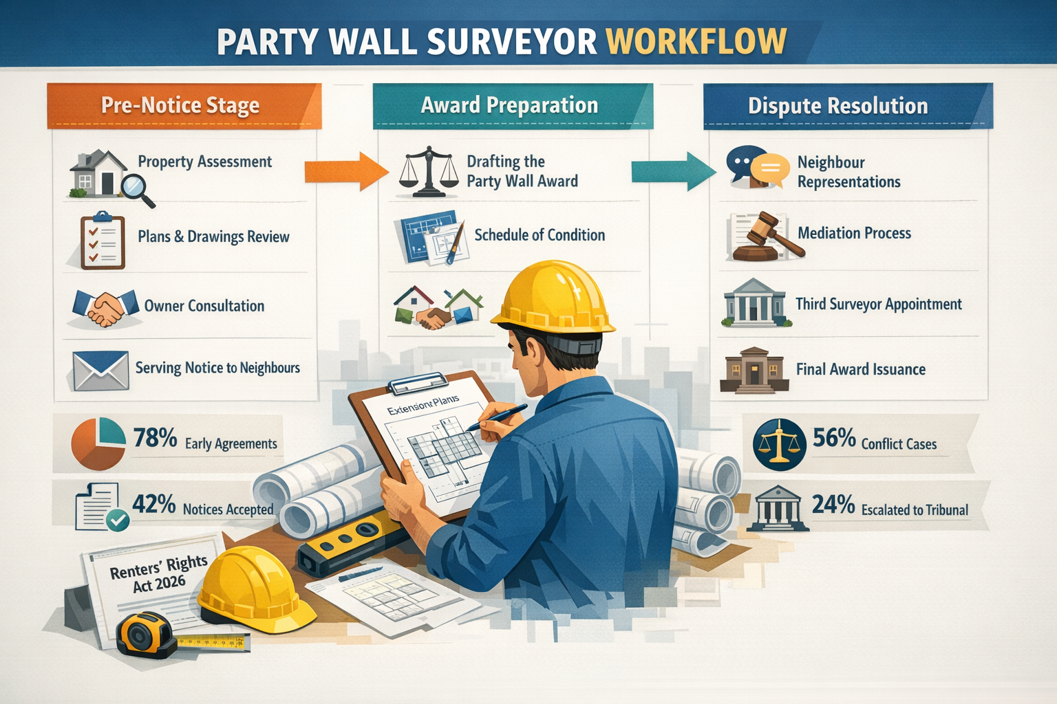 () detailed infographic showing party wall surveyor's workflow diagram with three distinct columns: 'Pre-Notice Stage',