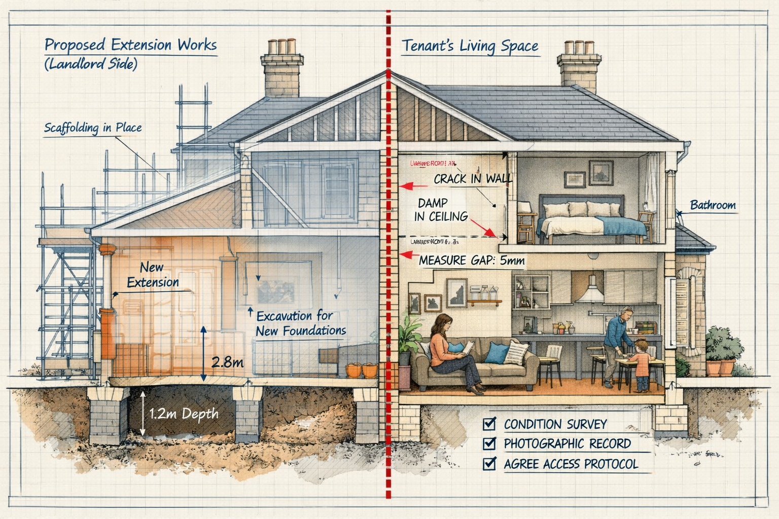 () architectural cross-section illustration of a Victorian terraced house showing party wall location with red dotted line