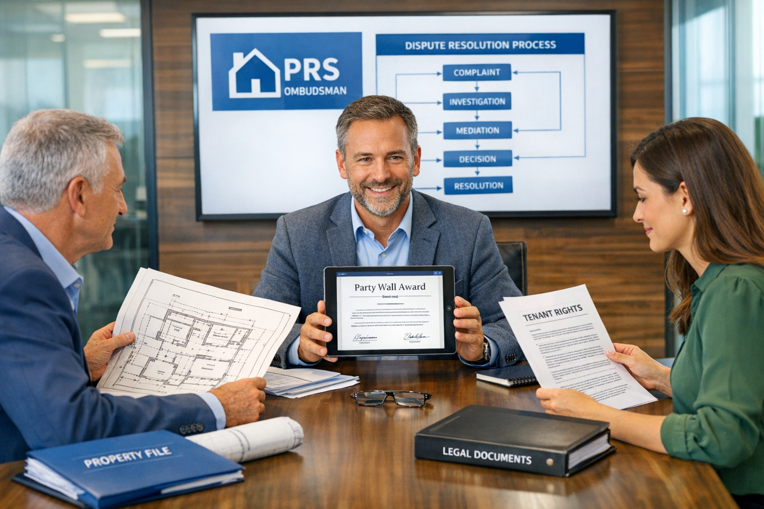 () professional meeting scene showing three parties around a modern conference table: party wall surveyor in center with