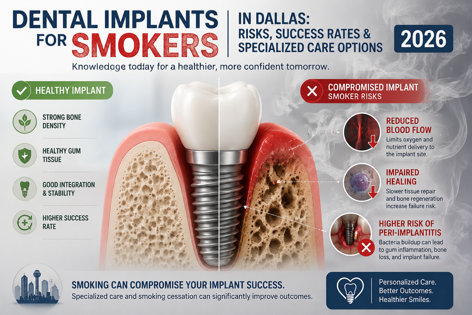 Detailed () image prompt illustrating the heightened risks for smokers undergoing dental implant procedures. The image